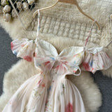 Fongt One-Word Shoulder-Scaring Dress Women's Summer Gentle Wind To Close The Waist Mashed Flowers Bubble Sleeve Yarn Fairy Dress