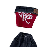 Fongt A Female Summer Dress Sexy Hottie Letter Embroidered Sleeveless Chest Vest High-Waisted Denim Casual Broad Leggings