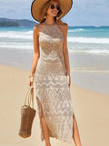 Fongt Beach Dress Hollow Knitted Neck Sling Sexy Bare Back Fork Long Tie-Shirt Woman