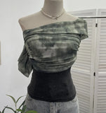 Fongt Shooting Can Wear Two-Wear Art Dizzy Net Yarn Spliced A Word Shoulder T-Shirt To Repair The Chest Short Babes Top 1131