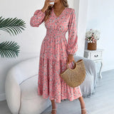 Shooting Autumn And Winter Elegant Flowers V Lead Long Sleeves To Close Waist Lotus Leaf Side A Dress Women's