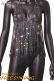 Women New Solid Tassel Sexy Two Piece Set Rhinestone V Neck Sleeveless Halter Backless Top Camis Hollow Out Party Mini