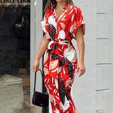 Fongt INS Fall Women's Print Lapel Short Sleeve High Waist Long Shirt