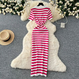 Fongt Chic Vintage Collar Single Buckle Began Striped Knitted Dress Female Thin Dress