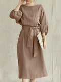 Dress Women 2023 New Cotton Linen Solid Lace Up Casual Oversize O Neck Chic Long Sleeve Midi Dresses for Women with Belt-Outfit