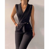 Office Lady Solid Color Jumpsuits Hollow Out Design Zipper Pockets Button Belt Decor V-Neck Sleeveless Slim Hips