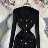 Fongt Button Long Sleeve Dress Autumn And Winter New V Collar Fashion Slim Slit Wrapped Hip Step Skirt-Outfit