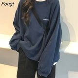 New Kpop Letter Hoody Fashion Korean Thin Chic Women's Sweatshirts Cool Navy Blue Gray Hoodies for Women