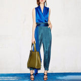 Loose BlueTwo Piece Set For Women V Neck Sleeveless Tops High Waist Lace Up Pants Female Suits Spring Fashion