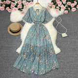 Fongt Wind Temperament Sweet Broken Flower V Collar Dress Beach Vacation Snow Spinning A Word Long Skirt-Outfit