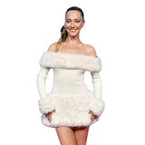 Fongt Hexing Autumn And Winter Snow White Christmas Hair Splicing A Word Shoulder Repair Knitted Dress