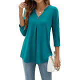 Color Five Yards A Large Number Of Burst Seven-Point Sleeve Solid Color V-Neck Buckle Folded T-Shirt Top