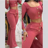 Fongt Summer 2024 Elegant U-Neck Button Nine-Point Sleeve Top With Waist Pocket Design Bell-Bottom