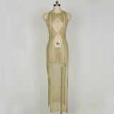 Crochet Gold Hollow Out Bodycon Sweater Dress Women Casual Pullover O-neck Sleeveless Long Maxi Beachwear Gowns Tunic-Outfit