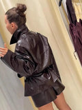 Fongt Autumn Leather Collar Short Windcoat Shorts Set With Belt Retro Locomotive Leather