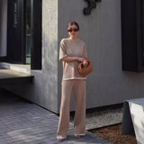 Fongt Fashion Suit Temperament Bumpy Open Fork Short-Sleeved Knit Shirt High Waist Thin Leg Trousers Two Sets