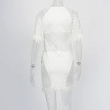 Women Sexy Tassel Lace Mini Dress Hollow Out Mesh Bodycon Dresses 2021 Summer Night Club Party Flocking Fairy Core Fall