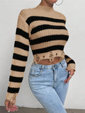 Fongt Women's Clothing Fashion Round Collar High-Waist Short Striped Knitted Short Sweater