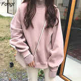 Korean Style Hoodies Female Winter False Two Pieces Turtleneck Women's Sweatshirt Loose Thick Fleece Pullovers M-XL