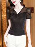 Shinning Mesh T Shirts Women's Short Sleeve Beading V Neck Tees Buttons Folds Slim Tshirt For Female-Outfit