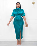 High Neck Tight Skirt Elegant Elegant High Split Pleated Dress Women's Casual Solid Color Evening Dress-Outfit