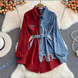 Spliced Corduroy Lapel Dress 2023 Autumn And Winter New Korean Version Waist Shows Thin Irregular Medium Length-Outfit
