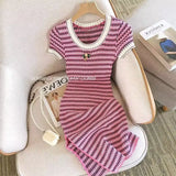 Women Short Sleeve Round Neck Striped Luxury Sheath Mini Dresses 2023 Summer Patchwork High Waist Slim Fit Knitting