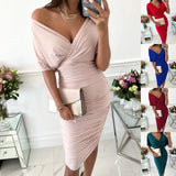 Hot Style Summer Solid Color V-Collar Sexy Hip Dress Women's Short Sleeves-Outfit
