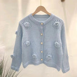 Three-Dimensional Rose Round-Neck Knitted Cardigan Autumn And Winter New Loose Lazy Button Sweater Jacket-Outfit