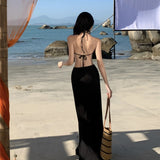 Fongt Pure Wind Deep V Hanging Neck Kinink Hollow Out Holiday Dress Temperament Goddess Van Dopamine Party Dress-Outfit