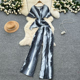 Fongt Mature Two Sets Of Women's Summer Dress Design Cross-Round Neckline Short-Sleeved Print Top High-Waisted Casual Broad-Legged Trousers