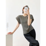 Fongt Folded Summer Korean Version Of The Shape Of The Round Collar Folded Short-Sleeved T-Shirt For Women's Relaxed Leisure Pure Color Tops