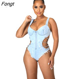 Chain Jeans Bodysuits Women Sexy Hollow Out Zipper Spaghetti Straps Tassel Denim Overalls Female Fashion