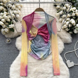 Fongt Girls Tie-Dye Mesh Jersey Long-Sleeved T-Shirt Girl Thin Perspective Temperament Fashion Folding Top