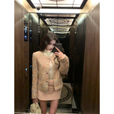 Fongt Temperament Long-Sleeved Coat With High-Necked Bottom Vest Pink Half-Dress Skirt Set