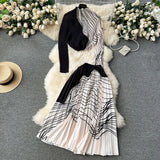 New Advanced Casual Women's Elastic Long Sleeve Pleated Top+High Waist Pleated Half Skirt Printed Skirt 2-piece Set-Outfit