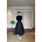 Fongt Fashion Suit Pure Color Shoulder Five-Sleeve Top In Autumn Waist French Black Dress