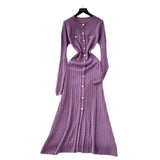Fongt Small Fragrant High-Grade Metal Buckle Waist Dress Women 2025 Autumn Thin Temperament Hollow Knitted Long Dress