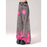 Fongt Street Graffiti-Print Straight Jeans Women High-Rise Thin Legs Loose-Fall Tug On The Ground Long Pants Tide