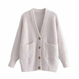 2021 White Winter Knit Cardigan Women Long Sleeve Patch Pockets Loose Sweater Button Up Female Vintage Knitted