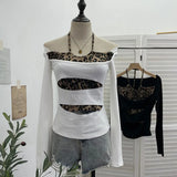 Fongt Shooting With Hanging Neck Leopard Print Splicing Two Long-Sleeved Tops A Short Shoulder Bottom T-Shirt 28787