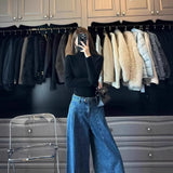 Fongt Kong Style Retro Blue A Word Big Horn Jeans Women Autumn And Winter High-Waisted Loose Lazy Feet Long Pants