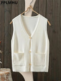 Vest Coats Women V-neck Korean Casual Chaleco Cardigan Elegant Sleeveless Tops Basic Knitwear Colete New Sweater