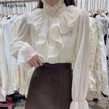 Chic Ruffles Stitching Elegant Blouse Woman Stand Collar Button Chiffon Shirt Long Flare Sleeve Fashion Loose Tops