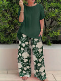 Fongt Plus Code Lady Two-Set Set Of Stylish Short-Sleeved Round Collar Top Wide Leg Trousers Print Casual Dress