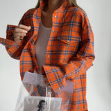 Fongt 2023 Women's College Style Orange Plaid Shirt Women's Loose Pocket Lapel Long-Sleeved Shirt-Outfit