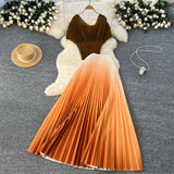 Fongt Folded Suit Women's Summer Design Feeling Shiny Short-Sleeved Top High Waist Gradient Color Bajamas Skirt