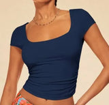 New Hot Women Decorate Body Solid Color Summer Square Neck Casual T-Shirt