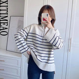 New Autumn Women High Collar Stripe Sweaters Pullovers Warm Minimalist Color Matching Knit Shirt Lady Zipper