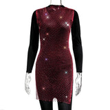 Fongt Women's Mesh Flash Diamond Round Collar Dress